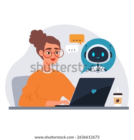 Young woman using laptop with chatbot assistant. AI virtual assistant helps with search and productivity. Modern flat vector illustration of of virtual tech support