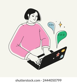 Young woman using laptop. Chatting in messenger, working online, freelancing. Remote work, online education or communication concept. Isolated flat vector illustration with a female character