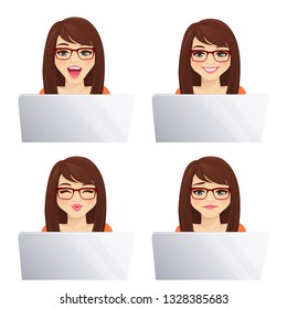 Young woman using laptop computer with different facial expression set isolated vector illustration