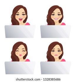 Young woman using laptop computer with different facial expression set isolated vector illustration