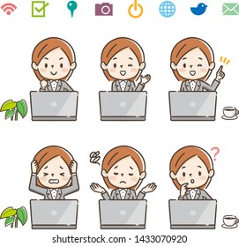 Young woman using laptop computer with different facial expression set isolated vector illustration