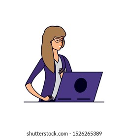young woman using laptop computer vector illustration design