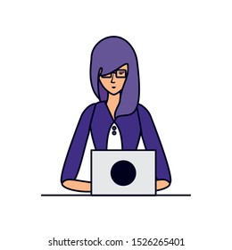young woman using laptop computer vector illustration design