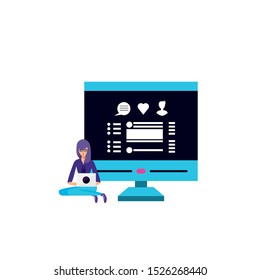 young woman using laptop computer with desktop vector illustration design
