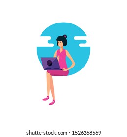 young woman using laptop computer vector illustration design