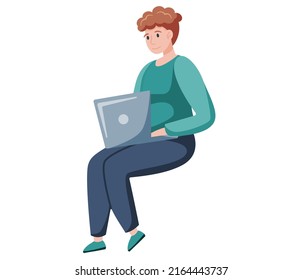 Young woman using laptop computer sitting in lotus pose with crossed legs isolated vector. Student working on tablet pc while sitting at home. Freelancer or office woman working remotely with computer