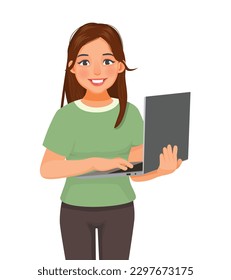 Young woman using laptop computer for working and surfing Internet