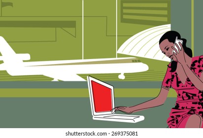 young woman using laptop computer at airport