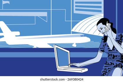 young woman using laptop computer at airport