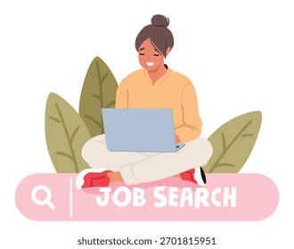 Young woman using laptop computer to search job opportunities online on digital platforms for career advancement cartoon scene. Modern employment and digital recruitment service vector illustration