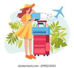 Young woman using laptop during trip. Working as freelancer while traveling abroad. Booking Flight Tickets and Hotel Online. Voyage preparation people. Girl with a Suitcase goes on vacation. Vector.