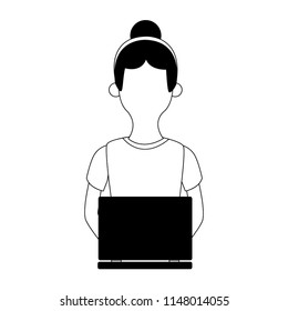Young woman using laptop faceless in black and white
