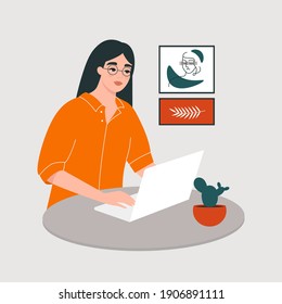 Young woman using a laptop. Girl in glasses sitting at the desk and working on a computer at home. Freelance, cozy workplace concept. Isolated flat vector illustration with a female character
