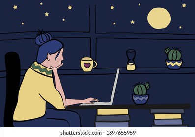 Young woman using laptop late in the evening at home against window with dark starry sky and bright yellow moon. Stay home or Working home concept. Lonely woman with laptop at night time.  