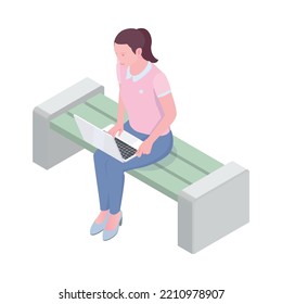 Young woman using laptop sitting on bench in park 3d isometric vector illustration