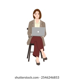 Young woman using laptop sitting on chair. Flat vector illustration isolated on white background