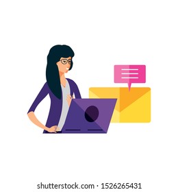 young woman using laptop with speech bubble and email vector illustration design