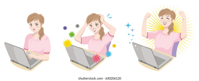 A young woman using laptop and then stressed for computer virus and finally, the laptop was repaired.