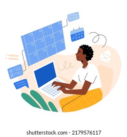 Young woman using laptop, working on project, managing tasks, organizing, scheduling in calendar, creating lists, taking notes, personal planner concept, isolated vector illustration, flat cartoon