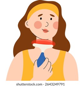 Young woman using a LED facial tool on her neck. The device emits red light, promoting skincare, anti-aging and rejuvenation. Flat style illustration of modern beauty treatment, self-care routine.