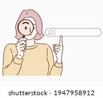 Young woman using magnifying glass and pointing finger. Searching internet data concept. Hand drawn in thin line style, vector illustrations.