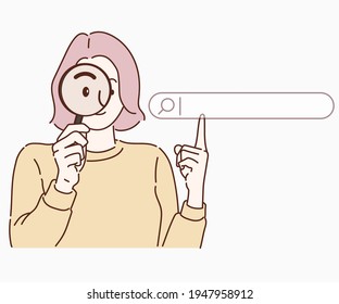 Young woman using magnifying glass   pointing finger  Searching internet data concept  Hand drawn in thin line style  vector illustrations 