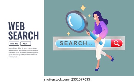 Young woman using magnifying glass and pointing finger. Searching internet data concept. Search engine.  internet algorithm for increasing website visibility. online marketing. vector illustrations.