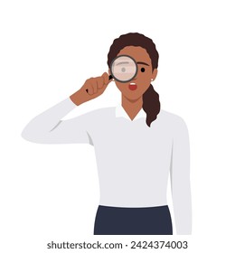 Young woman using magnifying glass and pointing finger. Searching internet data concept.Flat vector illustration isolated on white background