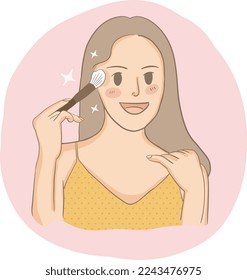 Young woman using make-up brush Make up, Beauty, cosmetics concept. Young smiling woman cartoon character using special brush for applying face powder for looking good  Woman applying powdery foundati
