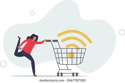 mujer joven que utiliza el App móvil del comercio electrónico con el carro grande del Carrito de compras del Iniciar sesión de wifi.Ilustración vectorial plana.