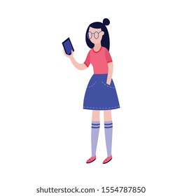 Young woman using mobile phone or making photo or video of herself with camera on smartphone in flat style - isolated vector illustration of creating content for blog concept.