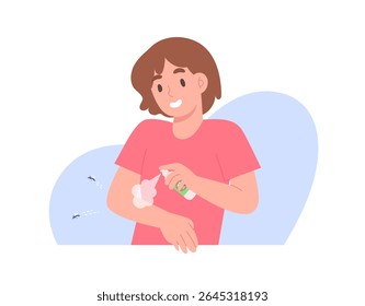 Jovem mulher está usando spray repelente de mosquito para evitar picadas de mosquito. Prevenção da dengue ou da febre da malária. Conceito de cuidados de saúde, controle de pragas de insetos, segurança. Ilustração de vetor plano.