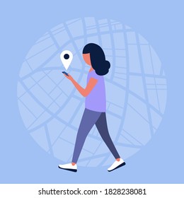 Mujer joven usando una aplicación de navegación. Ilustración de vector plana colorida