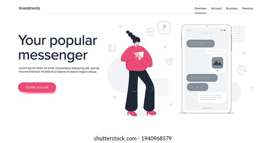 Young woman using online messaging application smartphone. Girl chatting via social media app in cellphone. Website banner or webpage layout template.