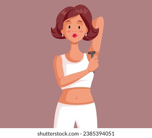 
Young Woman Using a Razor for Armpit Hair Removal Vector Illustration. Girl using a depilation method for shaving her armpit hair at home 
