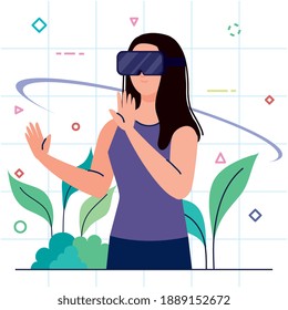 junge Frau mit virtueller Reality-Maske und leafarbenem Vektorgrafik-Design