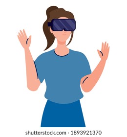 young woman using reality virtual mask device vector illustration design