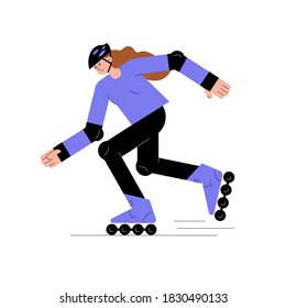 Young woman using rollerblades isolated  on white background. Outdoor activities , healthy leisure lifestyle. Flat vector cartoon illustration. Design for banner, card, flyer