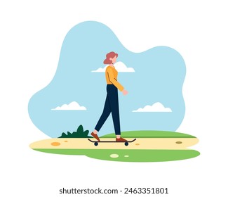 young woman using skate board while exercising in the morning. sport and recreation running. Flat style Illustration design