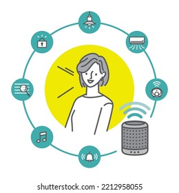 Young woman using smart speaker