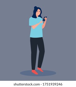 young woman using smartphone avatar character vector illustration design
