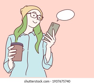 Young woman using a smartphone to chat with her friends. Social network concept. Hand drawn in thin line style, vector illustrations.