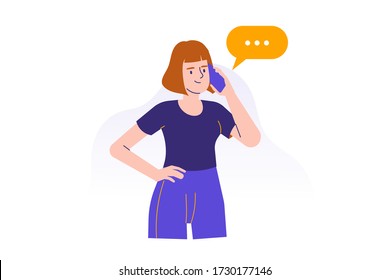 Mujer joven usando un smartphone para comunicarse. Muchacha feliz hablando con el concepto del teléfono. Usando dispositivo portátil o gadget. Caricatura femenina. Ilustración vectorial moderna aislada