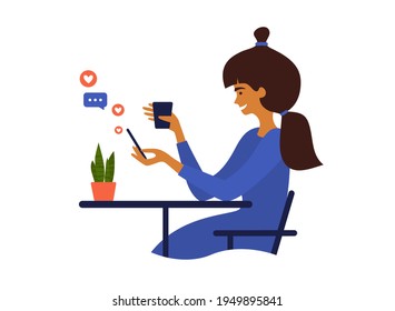 Young woman using smartphone. Cute girl sitting at table drinking coffee, chatting online, browsing social media. Smiling female with cup and mobile phone in hands surfing internet. Blogger routine