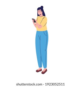 young woman using smartphone device vector illustration design