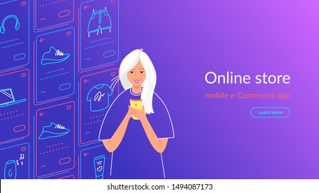 Young woman using smartphone for ecommerce, shopping and enjoying online services, mobile apps and networks. Gradient line vector illustration of user experience, user experience and mobile apps usage