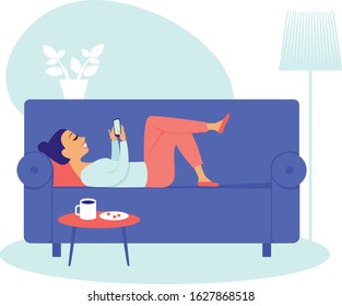 Young woman using  smartphone at home flat illustration