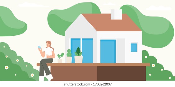 Young woman using smartphone at home. Stay home concept. Self quarantine during coronavirus outbreak. Flat cartoon character vector illustration.