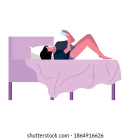 young woman using smartphone with imnsomia in bed vector illustration design