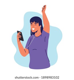 young woman using smartphone listening music character vector illustration design